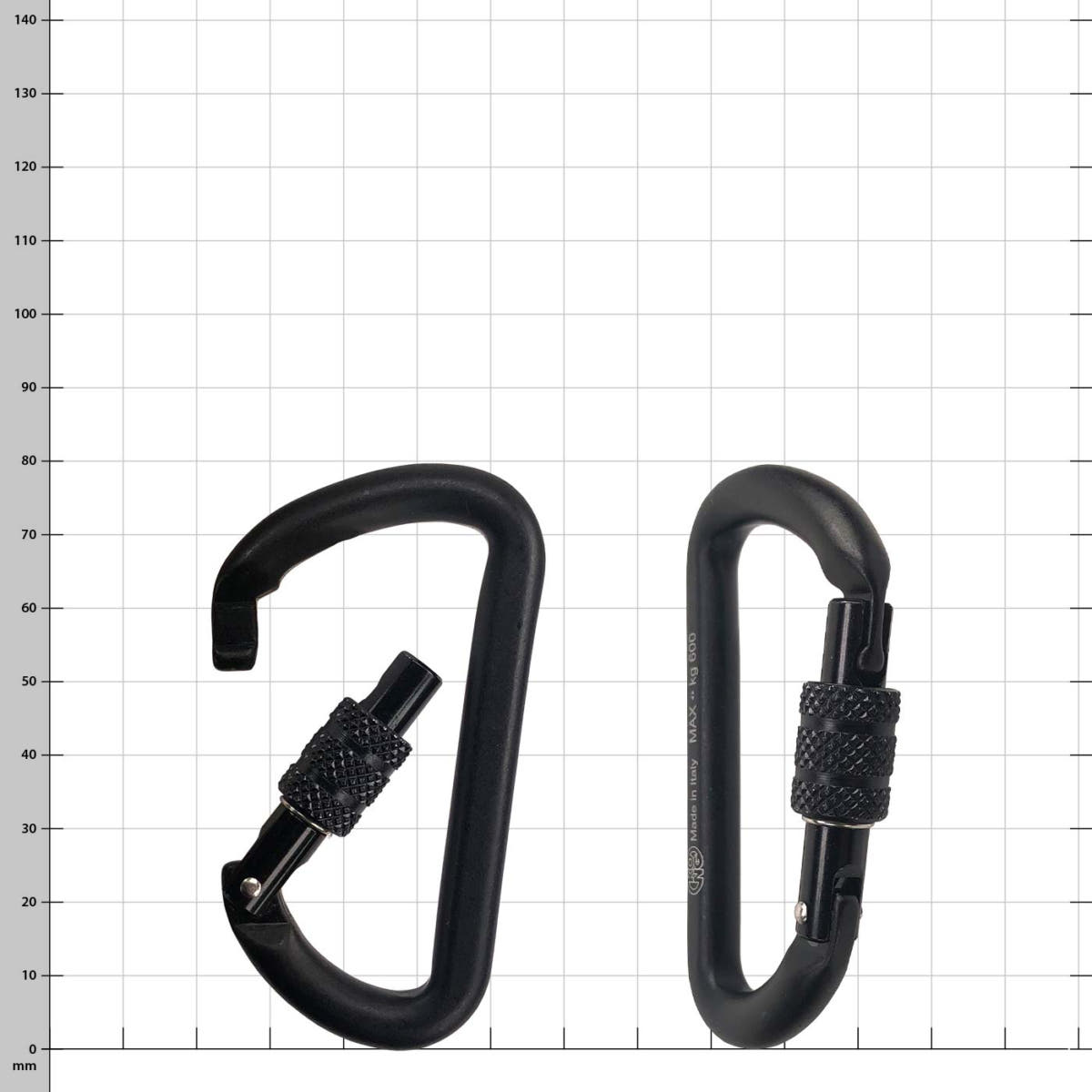 Mini D Screw carabiner in black, two pieces next to each other, one open and one closed, on a checkered background