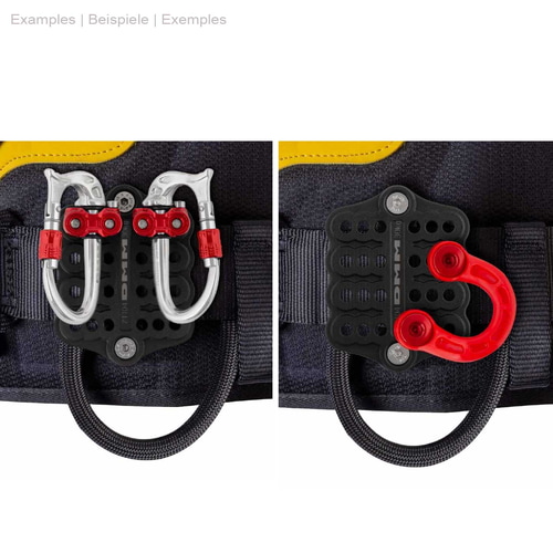DMM Parking Lot, black plate with several round holes, attached to a strap with two silver carabiners with red clasps on the left side and a red hook on the right side