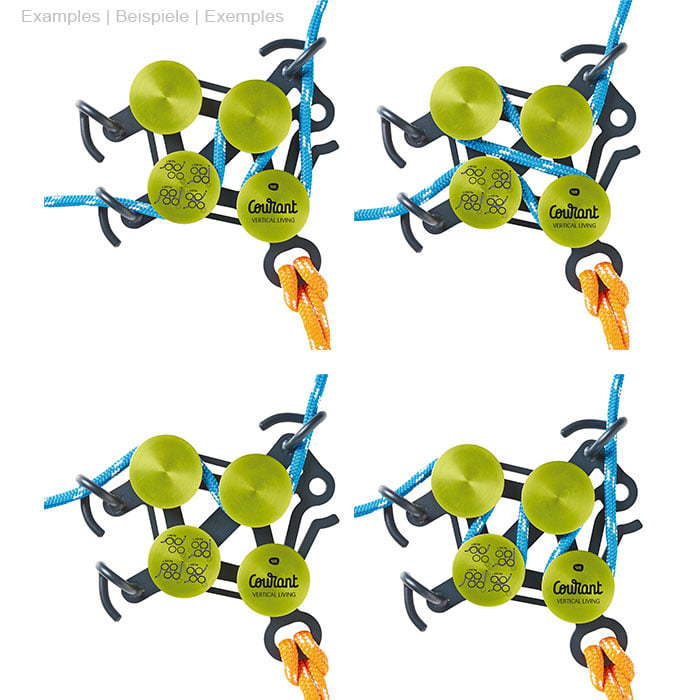 Hulk product with green round elements and black metal frame, connected with blue and orange ropes in various arrangements