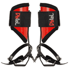 Distel Steel Classic, two red and black metal spur shoes with black straps and the lettering "Distel" on the black Velcro fasteners