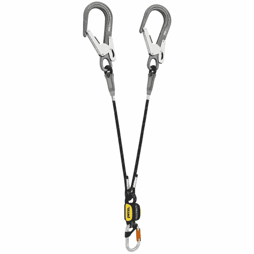 Petzl's Absorbica-Y MGO, a Y-shaped lanyard with two grey carabiners and black rope