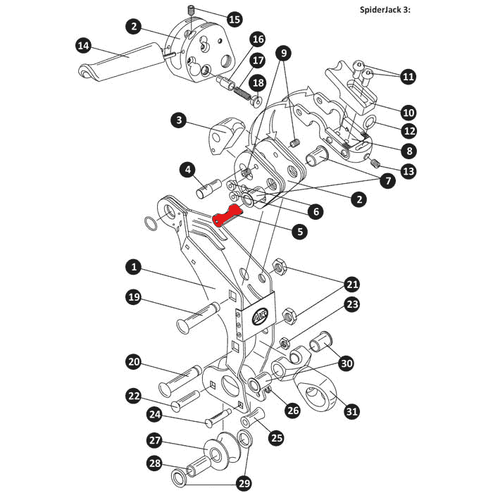 Technical drawing of the SpiderJack 3 with numbered individual parts, the wear bolt is highlighted in red and shown in a central position in the mechanism