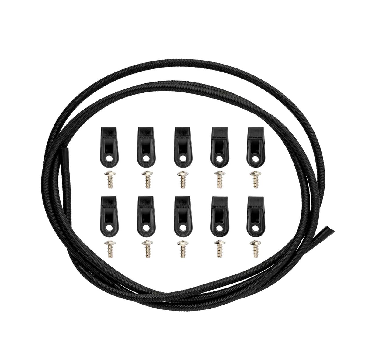 Tendon black rope with ten black brackets and ten screws on white background