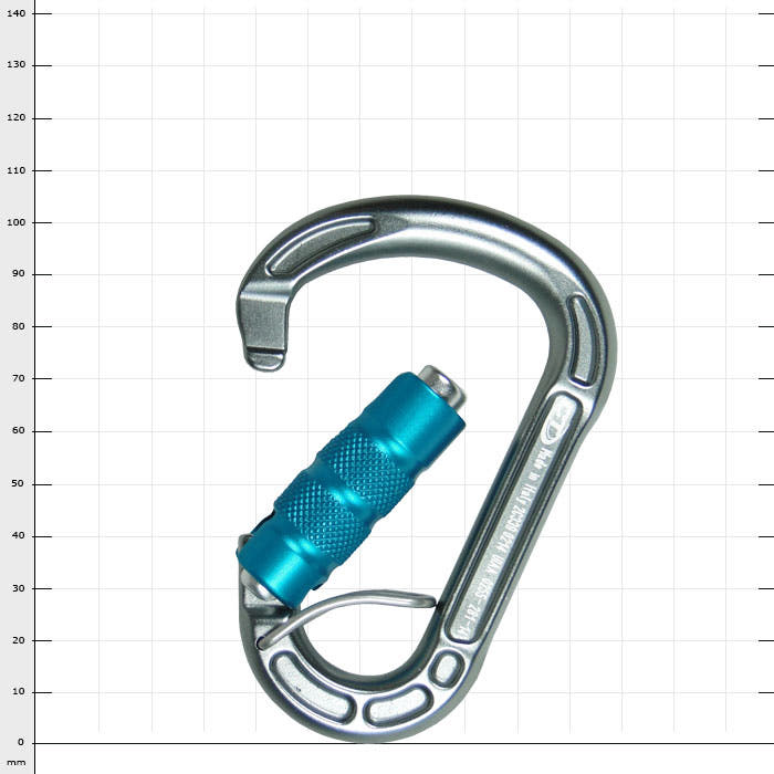 Cevedale Triplex carabiner in silver with blue screw cap, open