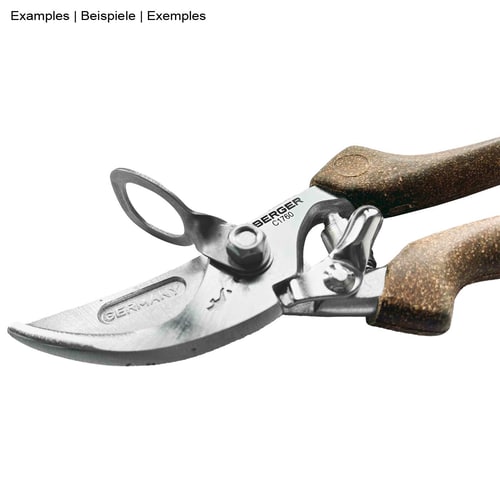 ArboRapid carabiner eye by Berger, silver metal ring with small eyelet, attached to a pair of secateurs with brown handles and engraving "BERGER" on the blade