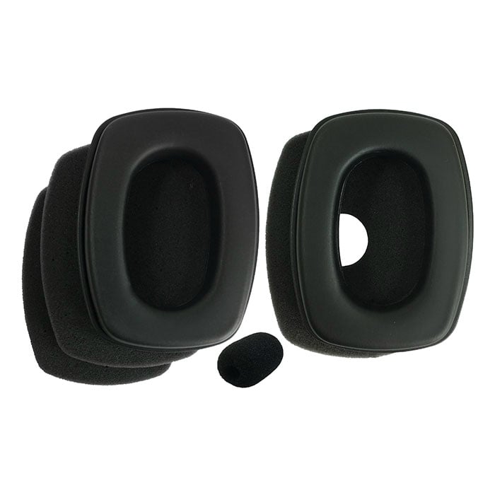 ECC hygiene kit with two black rectangular ear pads and a small black foam microphone cover