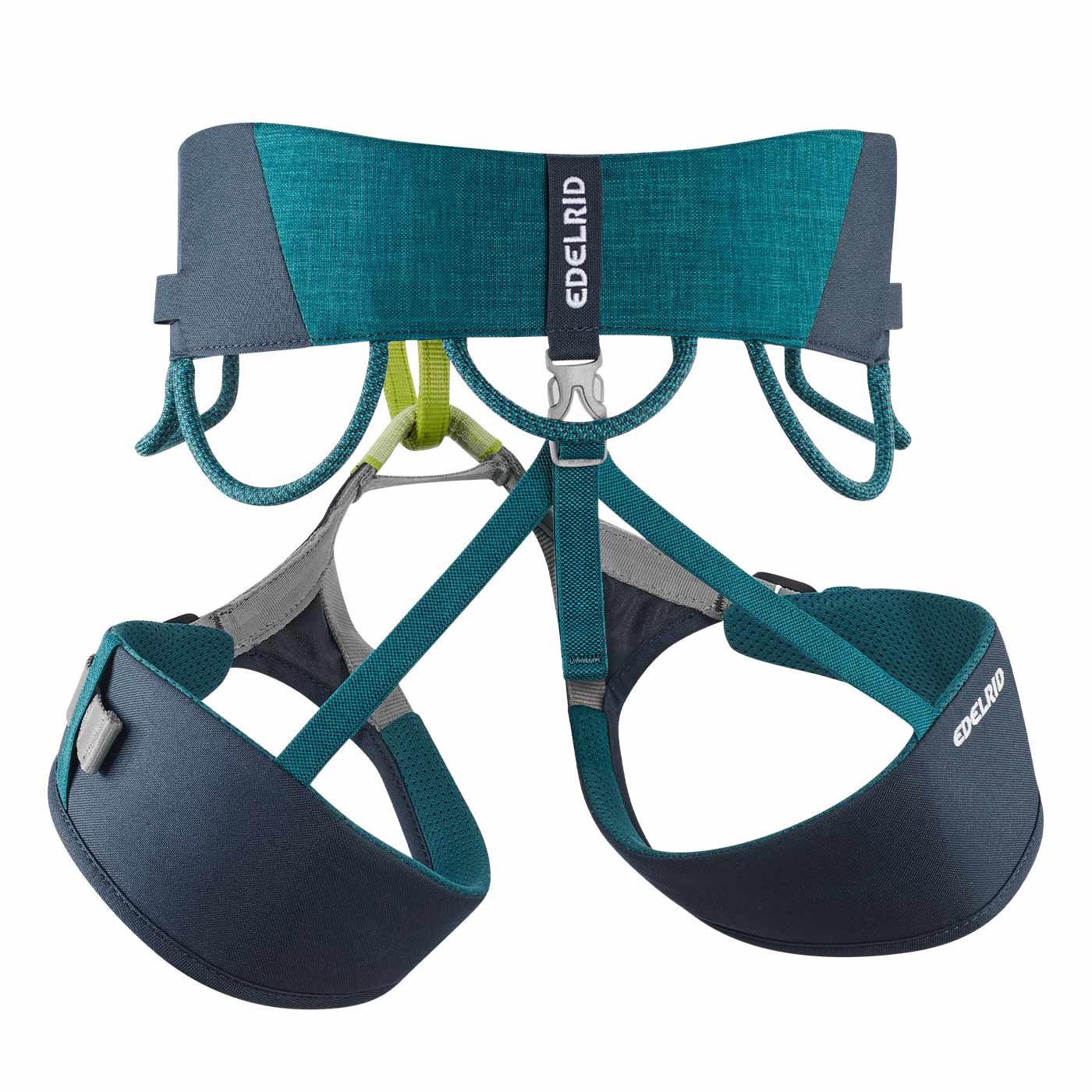 Climbing harness Jay IV by Edelrid in blue and gray from the back with padded leg and hip loops