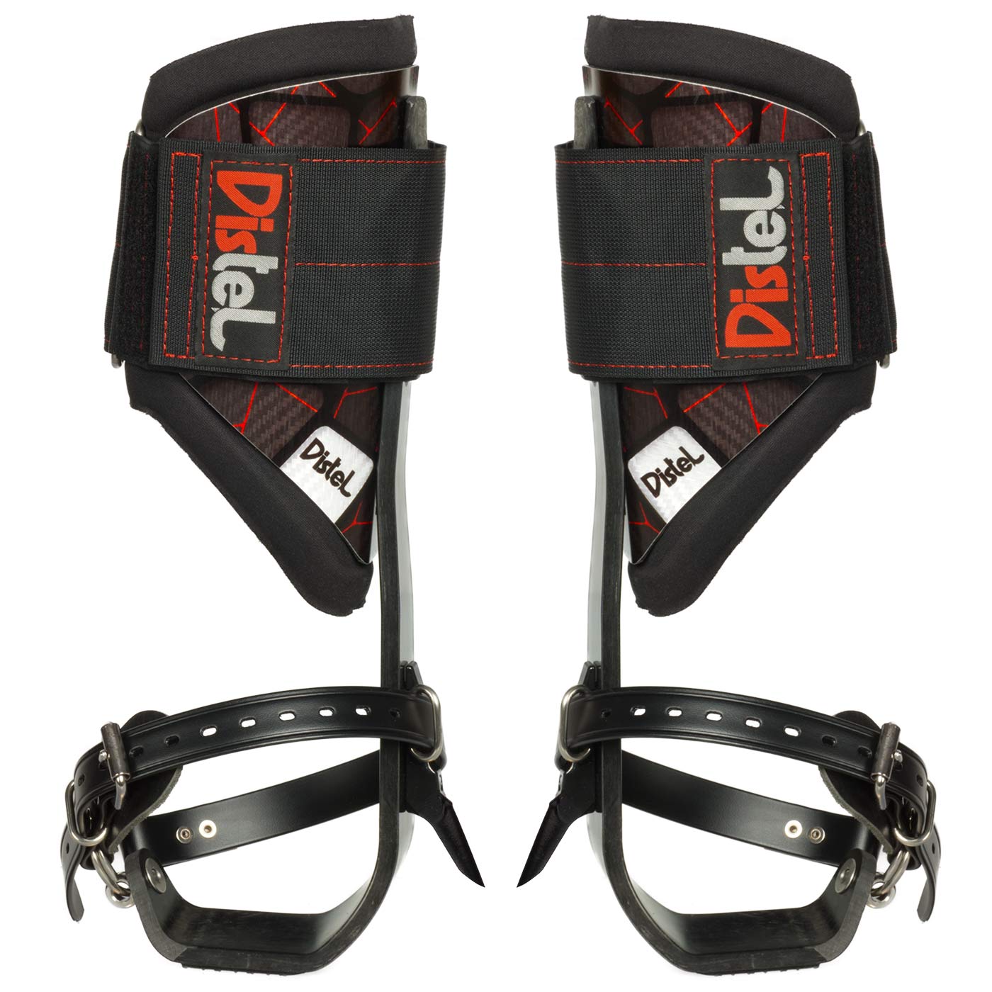 Distel Carbon 3.1 Classic by Distel, pair of black carbon rails with red stitching and large Velcro straps with Distel logo, foot straps with buckles, from the back