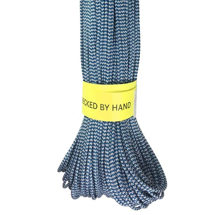 Hotline climbing rope in blue and white with yellow label "CHECKED BY HAND"