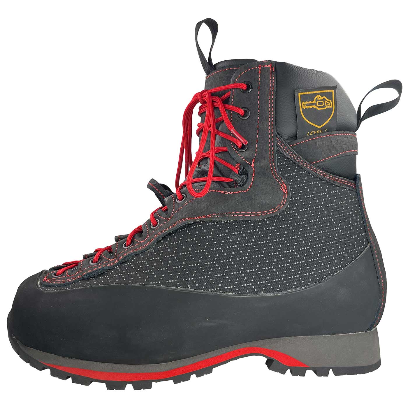Arborist Xlight shoe in black with red laces, side view with manufacturer's logo on the shaft