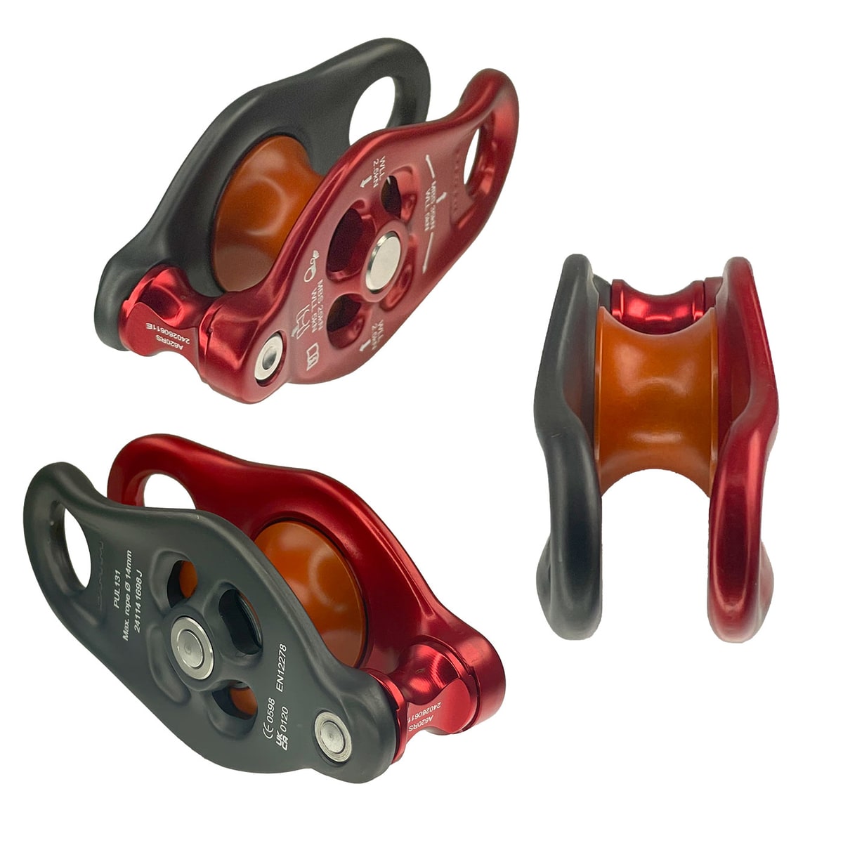 Three pulleys in red and black with yellow roller from different perspectives, one shows technical lettering