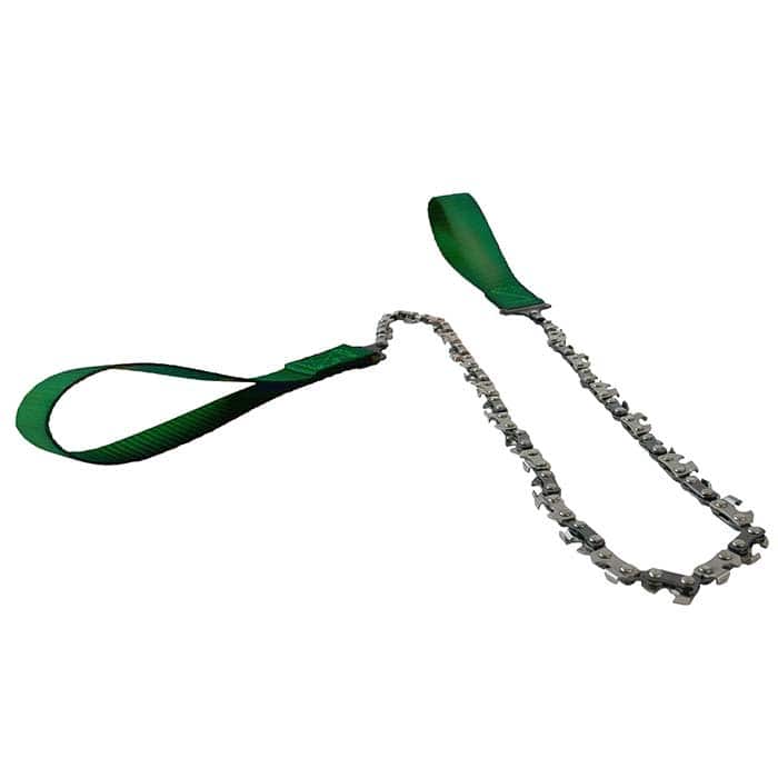 Nordic Pocket Saw with green loops at both ends and a chain in between