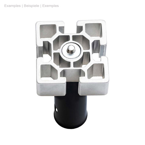 ArboRapid MediaAdapter plate, silver square metal plate with screw in the middle on black cylindrical rod