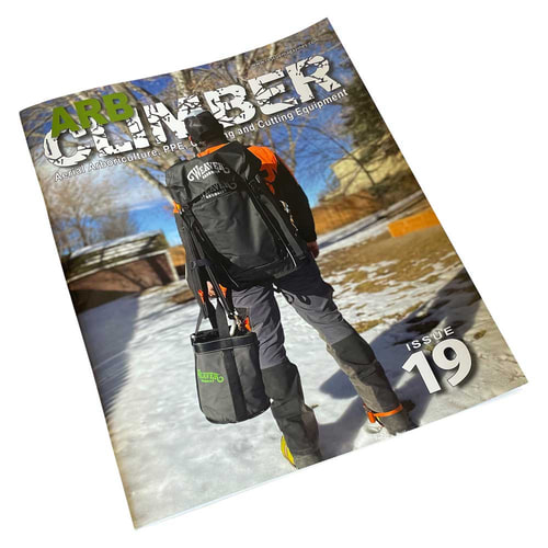 Arb Climber No. 19 magazine lies slightly tilted, shows the same person with a black backpack and tool bag in the snow, title "ARB CLIMBER" and issue 19 visible