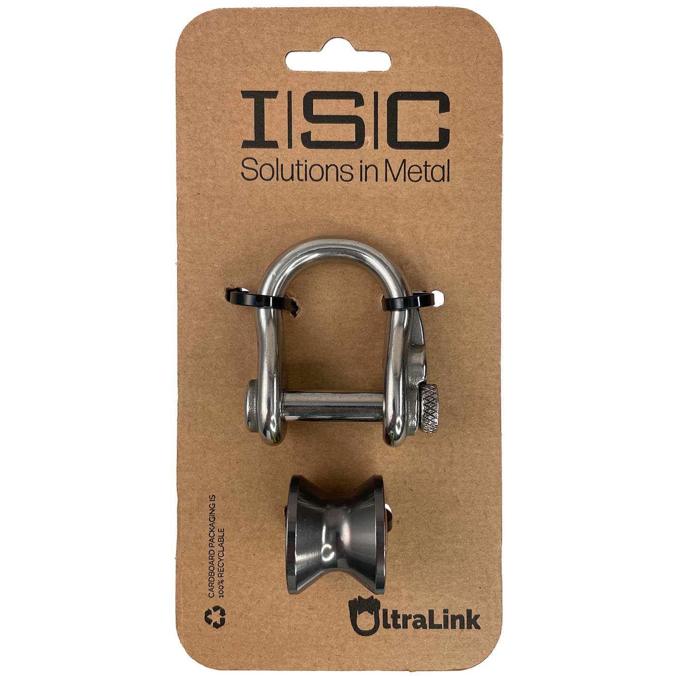 Ultra Link Small by ISC, a silver shackle and a grey roll on brown cardboard packaging with the ISC logo and inscription Ultra Link