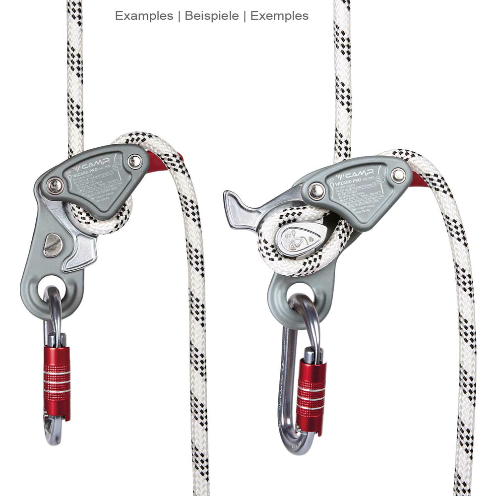 Two climbing frames Wizard Pro from CAMP with white ropes and red carabiners attached to the equipment, example application