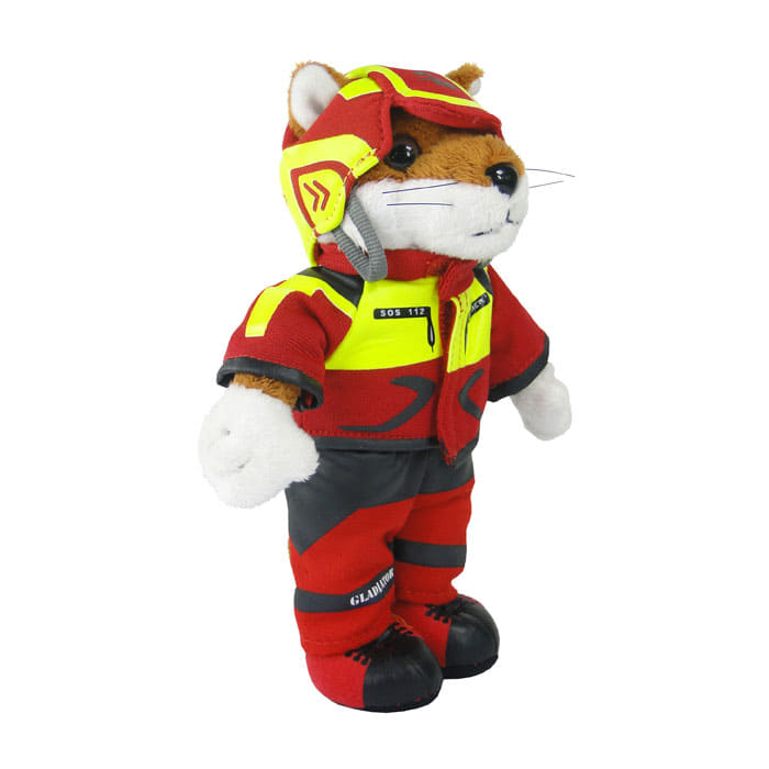 Wiffzack plush figure, an animal with white and brown fur, wears a red and yellow jacket, red pants and red helmet with yellow details
