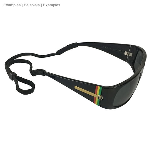 Black sunglasses with glasses strap, no manufacturer's information, the glasses have colorful stripes on the temples