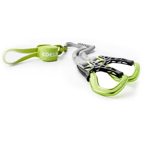 Cable Comfort 6.0 climbing set with two green and black carabiners, grey elastic ropes and green textile band with EDELRID logo from an oblique perspective on a white background