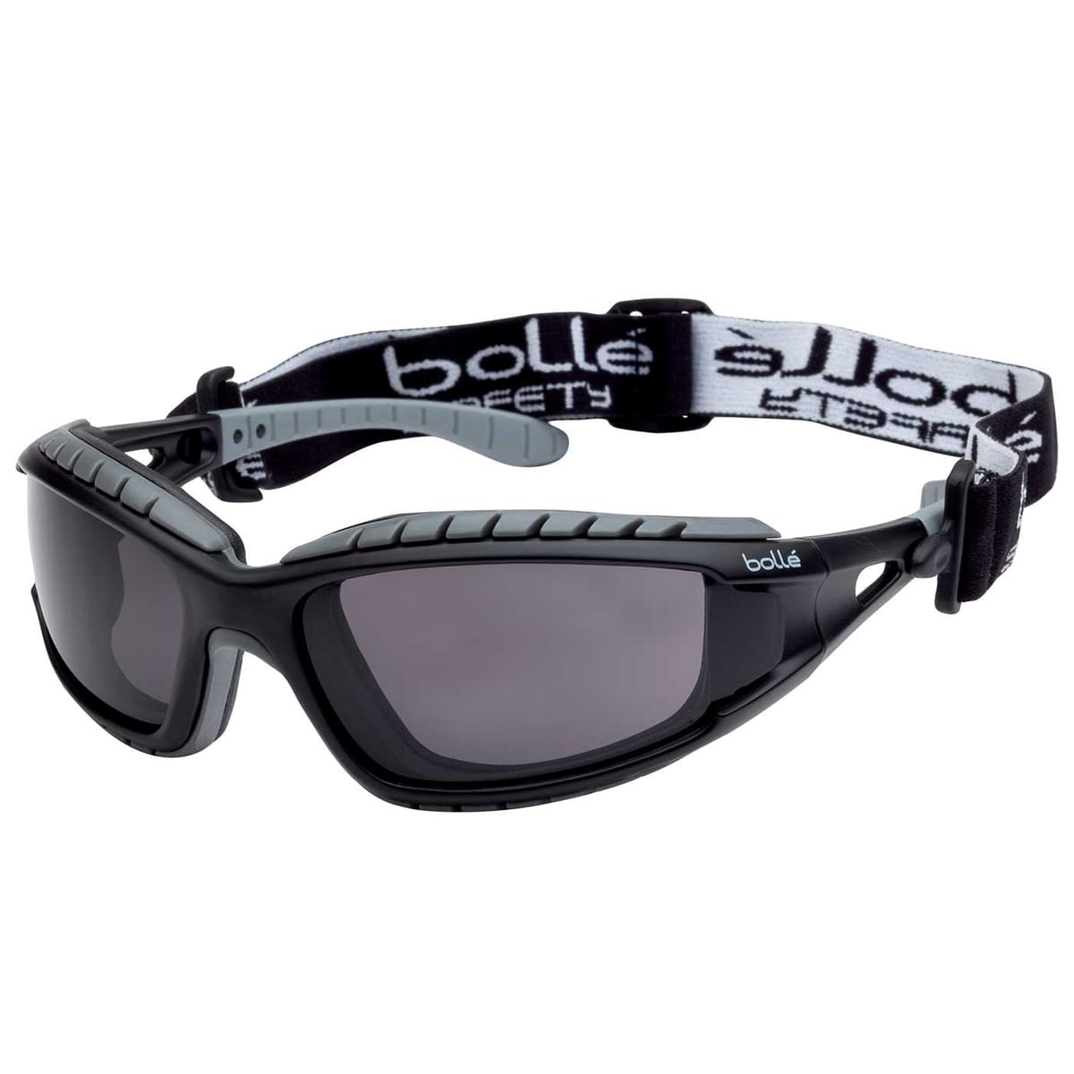 Tracker II by Bollé, black goggles with dark lens and adjustable black and white elastic band with bollé print