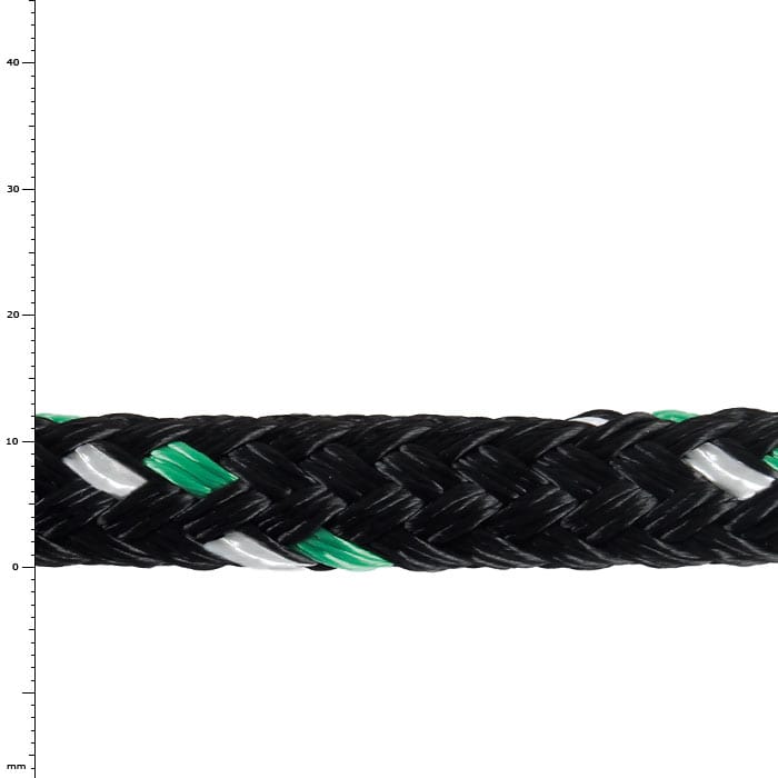 GEFA 2T PES green, close-up of a black braided rope with green and white threads
