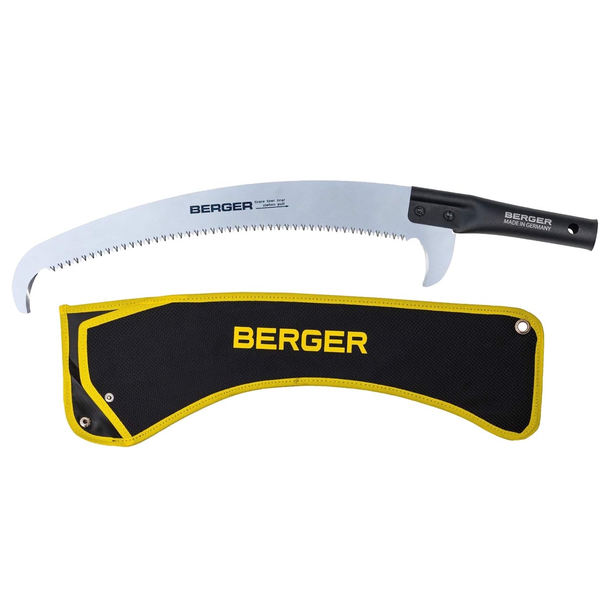 ArboRapid Kopf 400 by BERGER, a curved saw with a black handle and silver blade, plus a black and yellow protective cover with BERGER lettering