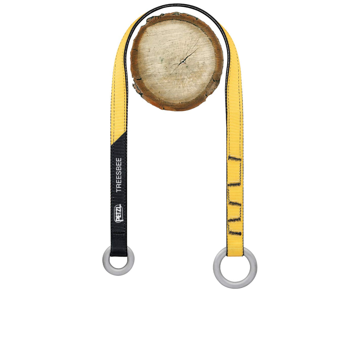 Treesbee - Offering by Petzl, yellow and black ribbon with two grey rings and wooden disc in the middle