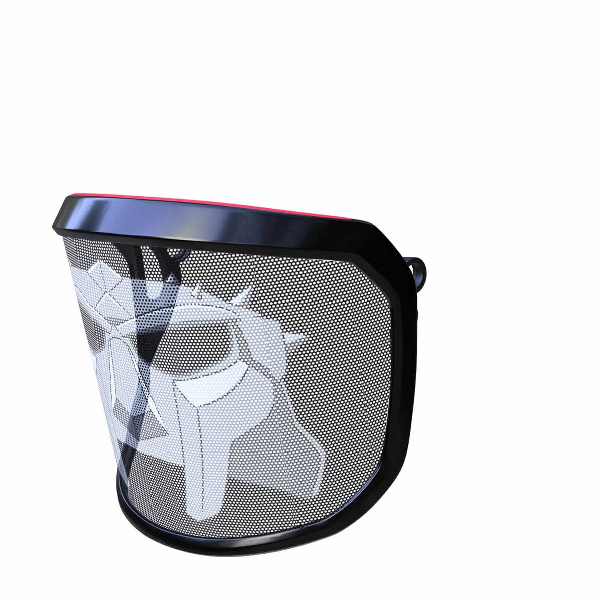PROTOS® Visor Special Edition, black protective visor with white, stylized face motif and red border at the top, side view from the left
