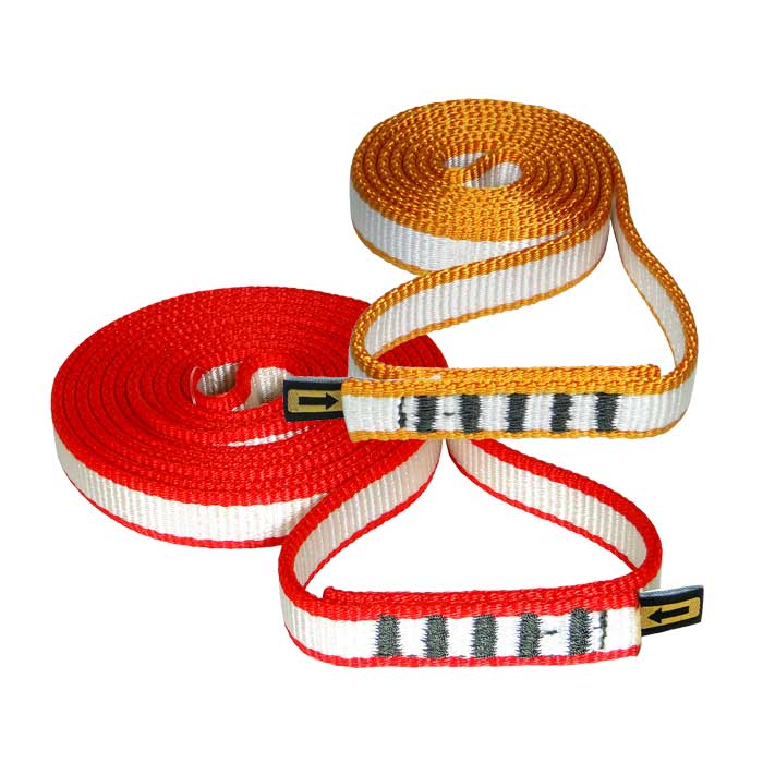 Sling 16, two coiled sling straps in red-white and orange-white with black markings and small black labels with yellow arrow