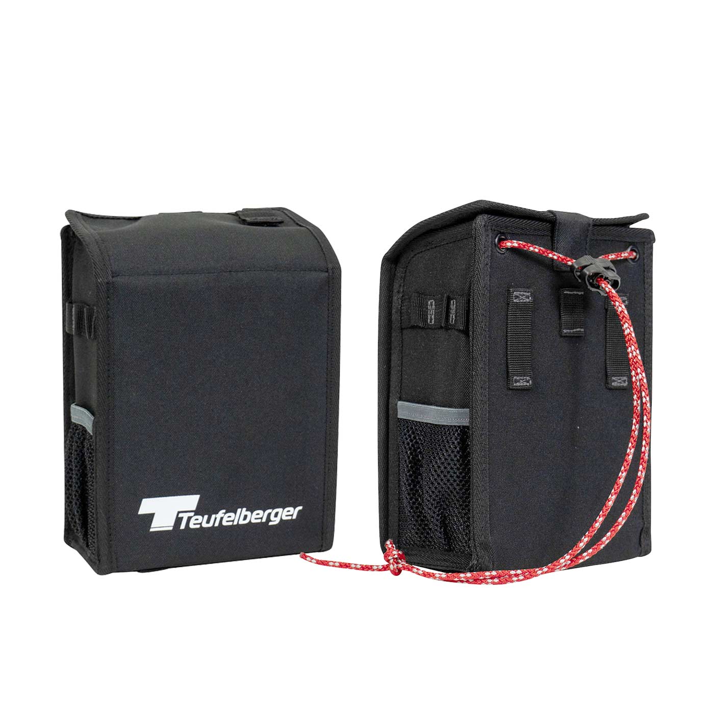 Mini Mule by Teufelberger, black bag with red cords, closed and shown from the front and back, with Teufelberger logo