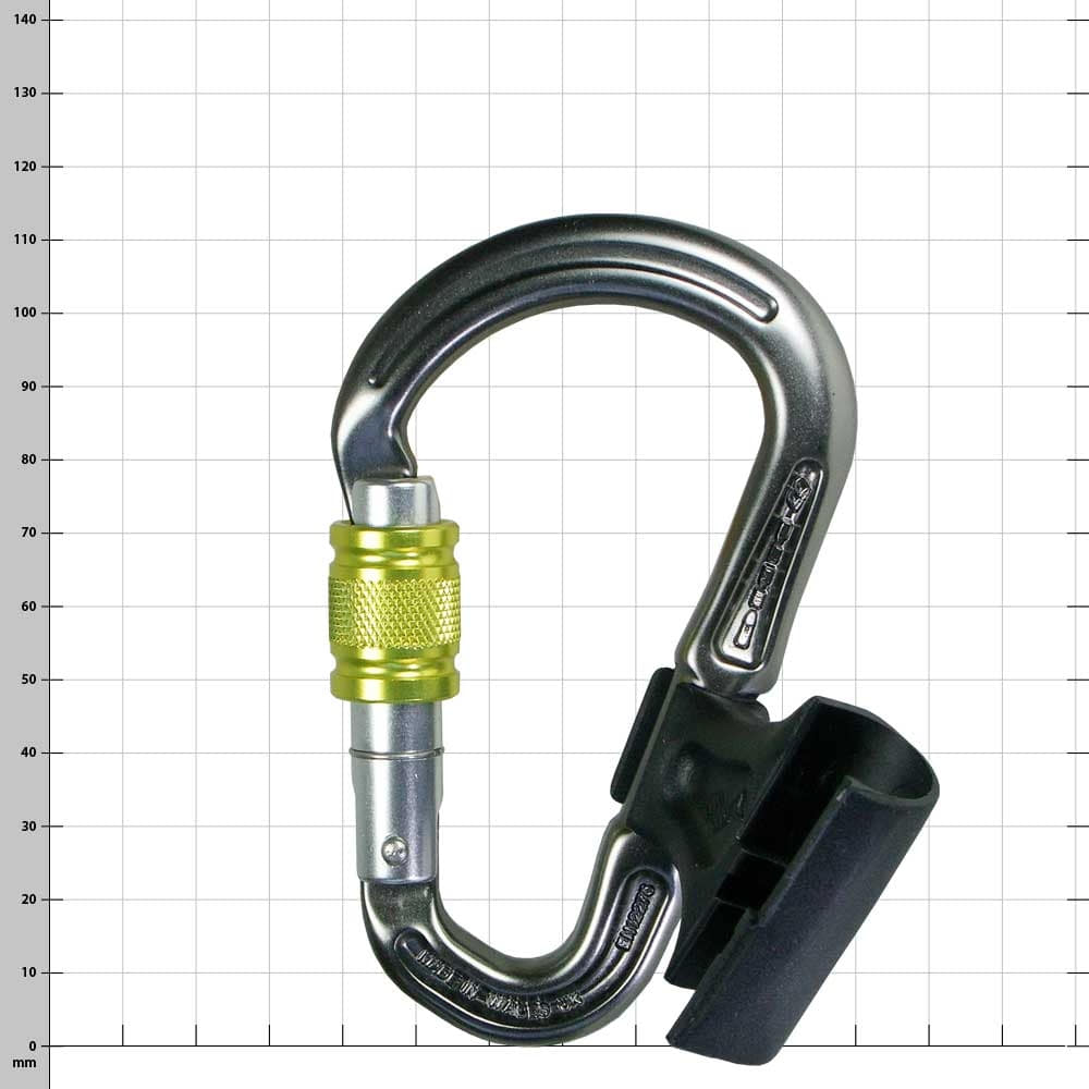 Belay Master carabiner with yellow clasp and black plastic part