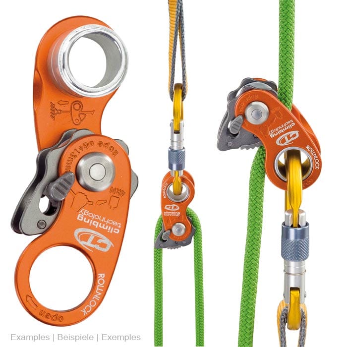 Three views of the orange RollnLock rope clamp from Climbing Technology, each attached with green and grey climbing line and yellow carabiner, one view from the front, one from the side and one from the back.