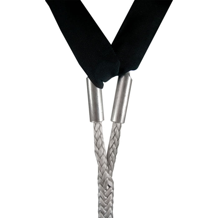 Two stainless steel thimbles 10 on grey braided ropes ending in black protective cuffs