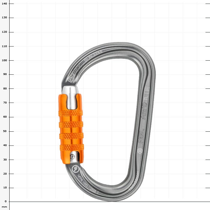 AM'D Triact carabiner with grey metal body and orange closure mechanism