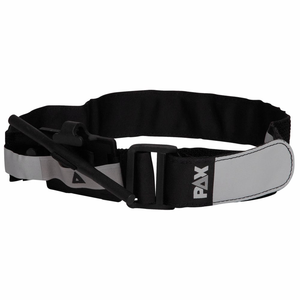 PAX tourniquet with long black band and grey tab with PAX logo, black rod attached to the strap