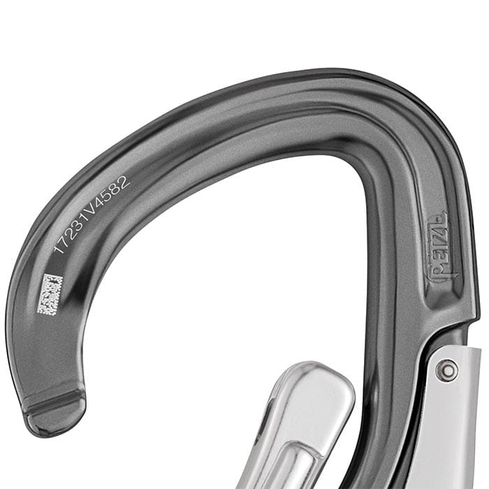 Close-up of the upper part of the Eashook Open carabiner with visible Petzl logo