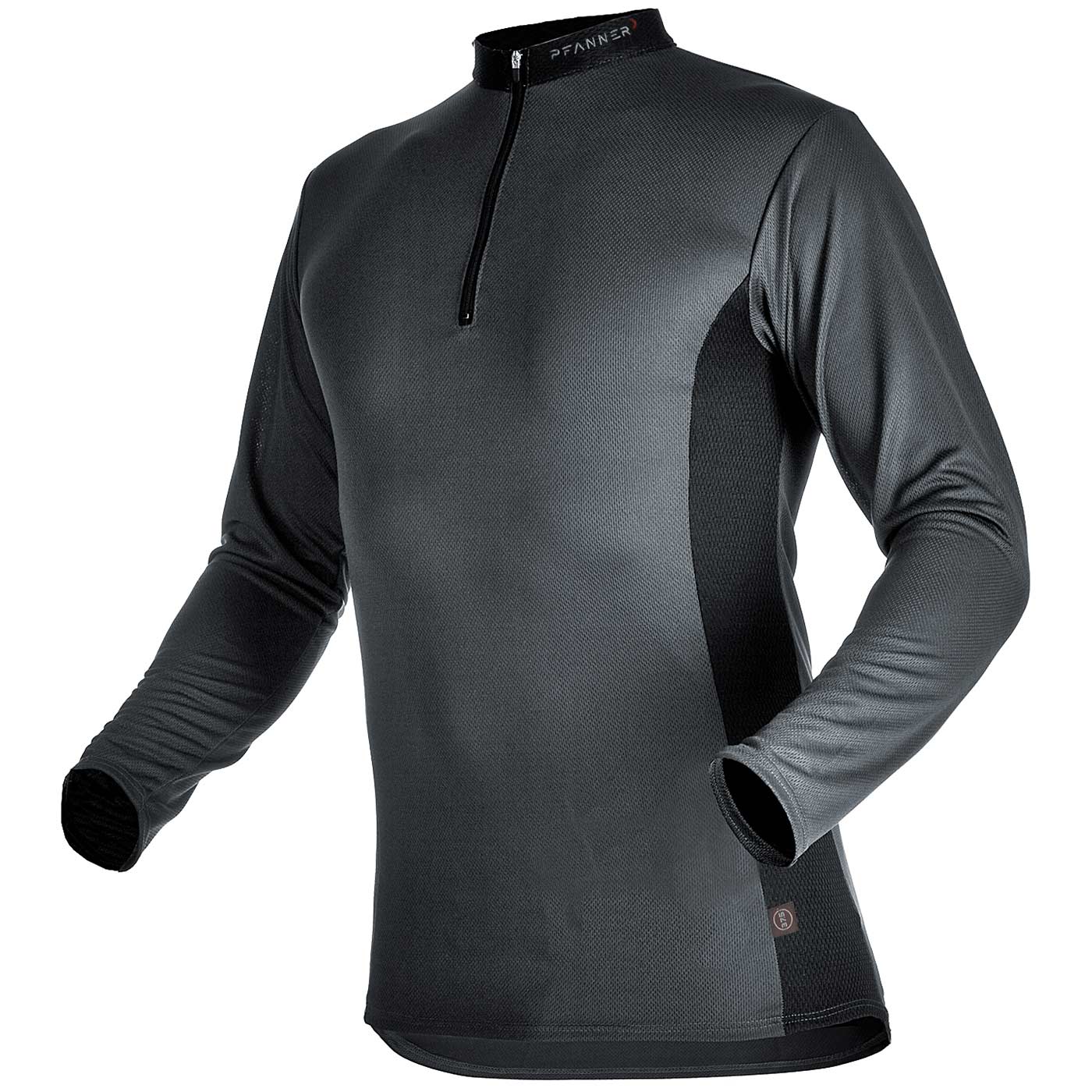 Zip-neck shirt by Pfanner in dark grey and black with long sleeves and short zipper at the front