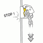 Drawing of the yellow ASAP Lock by Petzl on a rope with the word "STOP!" next to it and an arrow pointing downwards
