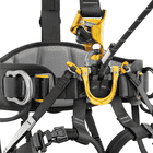 Astro Bod Fast harness by Petzl in close-up with a yellow belay device and a rope passed through the harness