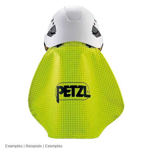 White helmet with light green Petzl neck protector attached to the helmet, with black check pattern and black Petzl logo in the center