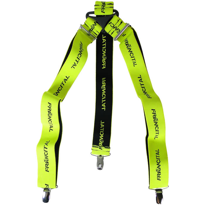 Clip suspenders in neon yellow with black back and black "FRANCITAL" lettering, three metal clips for fastening