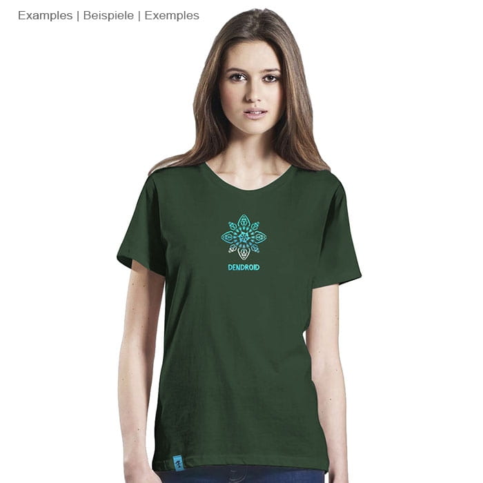Symmetree T-shirt dark green with blue symmetrical pattern and "DENDROID" lettering on the front, worn by a woman