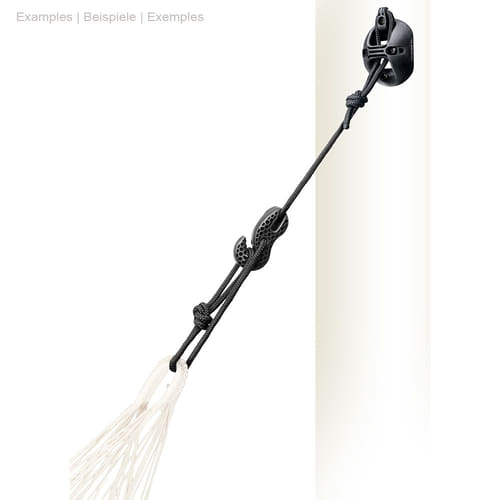 CasaMount Hammock by La Siesta mounted on a white wall with black rope and hook from which a white hammock hangs