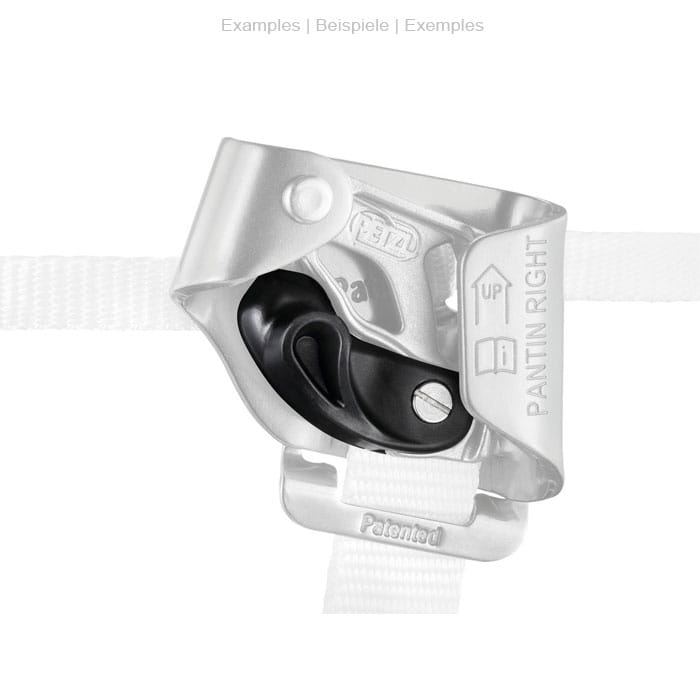 Pantin R metal safety lock with black lever and white webbing, manufacturer's name not visible