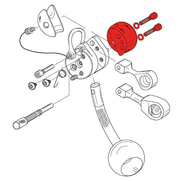 Technical drawing with several components, including the red LockJack device stringer part, shown in an exploded view