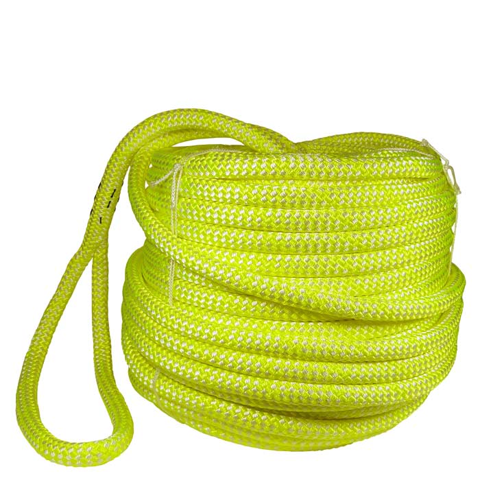 Sirius Bull Rope 16 S, Coiled Light Yellow and White Braided Rope with a Loop, Cropped on White Background