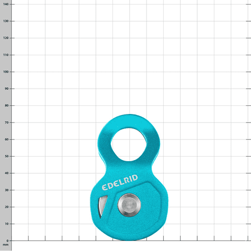 Edelrid Flux, blue rope roller with round hole at the top and metal axle in the middle