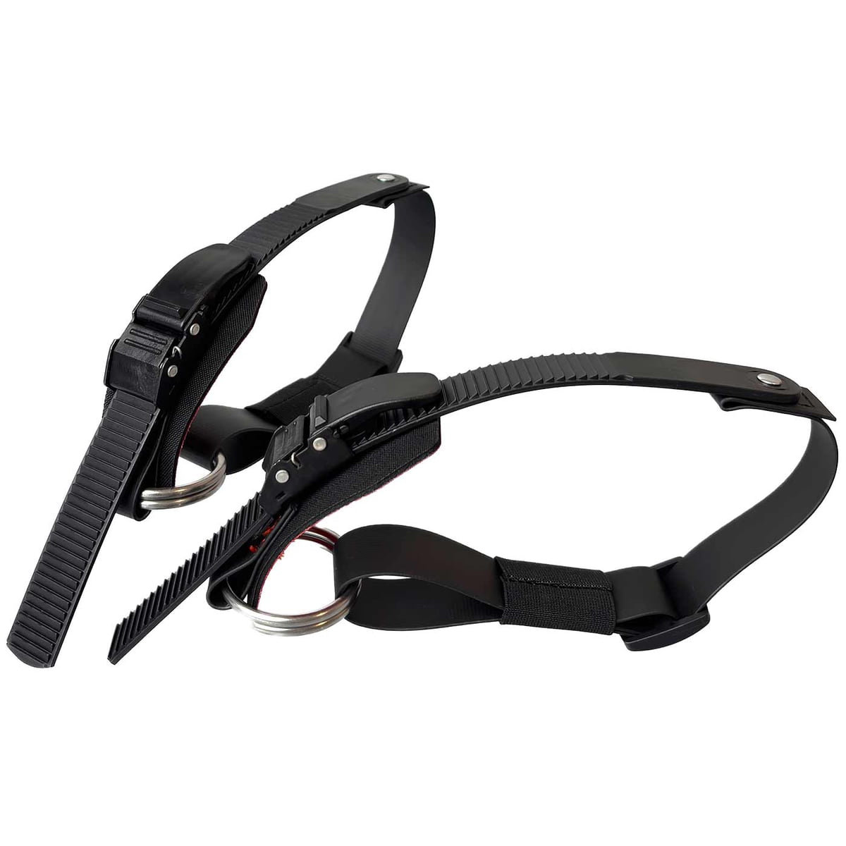 Thistle lower ratchet strap, two black straps with ratchet closure and metal rings, side view