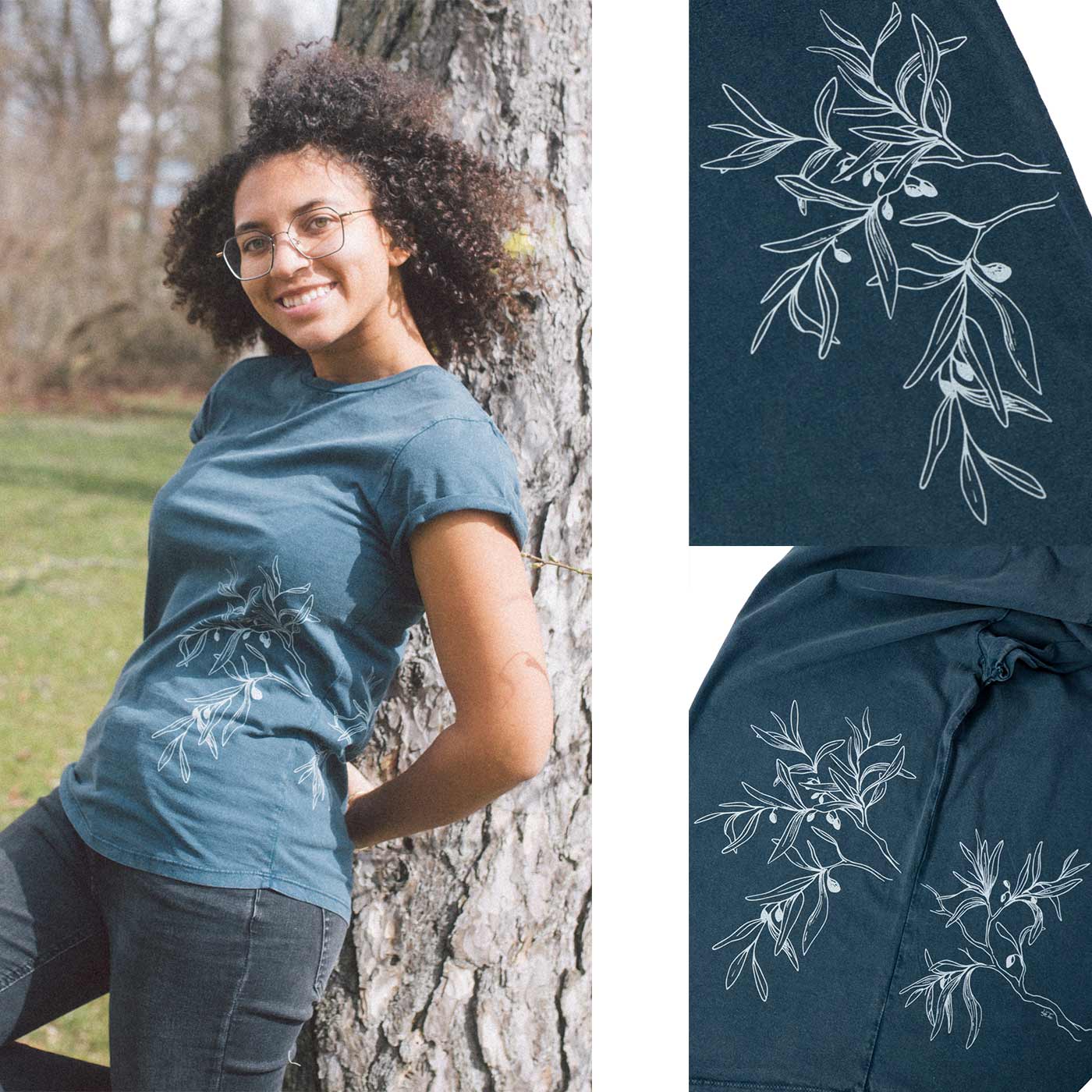 A woman leans against a tree and wears a dark blue T-shirt "Olive Branch" with a white olive branch motif, next to two close-ups of the print.