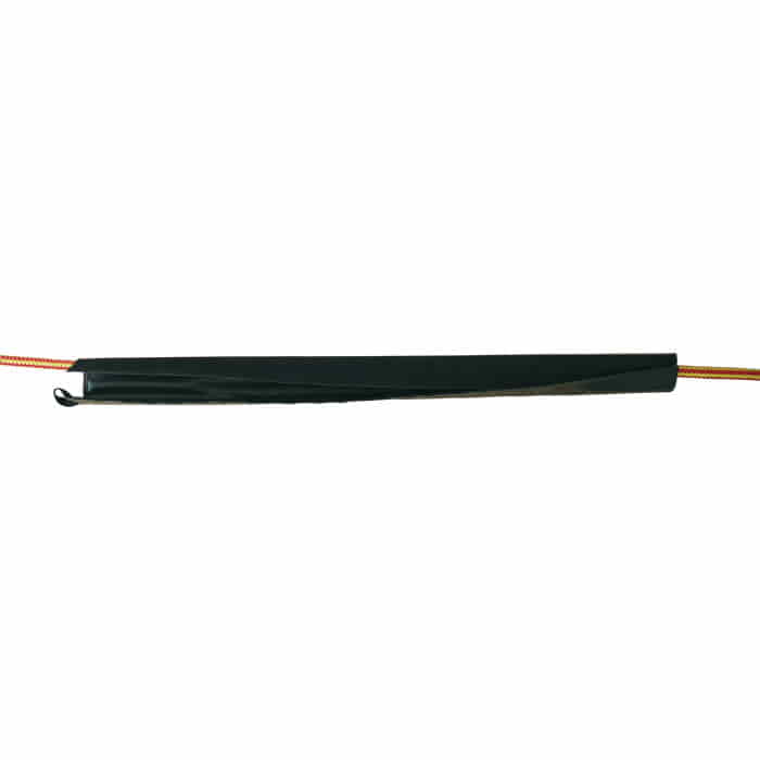 Black protector from unknown, elongated and wrapped around an orange-yellow cord.
